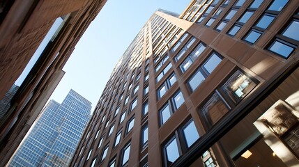 View of tall buildings from below capturing the elegance of urban architecture against the sky : Generative AI