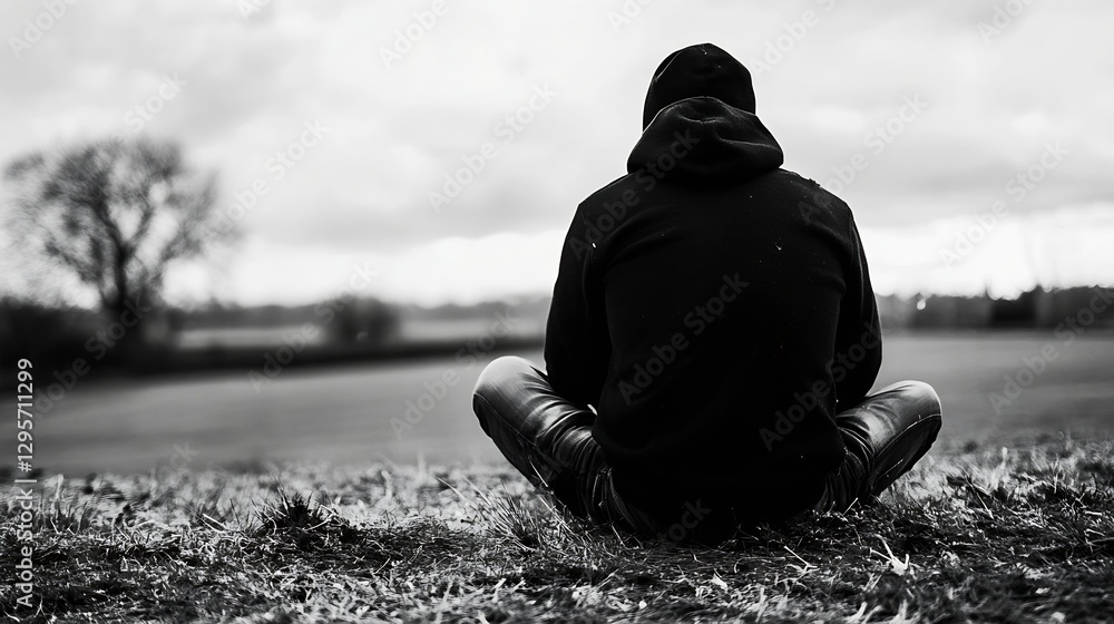 Poster person in a black hoodie sitting crosslegged on a grassy hill facing open fields and cloudy skies in