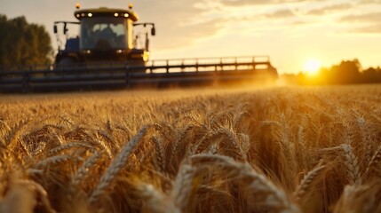 Fototapeta premium Harvesting Wheat in Golden Fields at Sunset with Tractor Making Dust Clouds : Generative AI