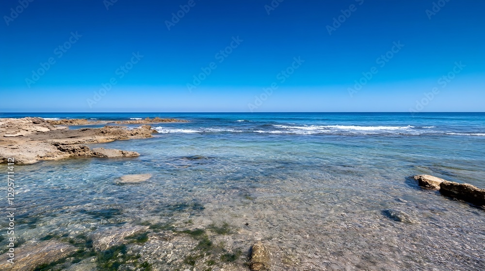 Poster beautiful serene ocean view under a clear blue sky capturing the essence of tranquility and nature :