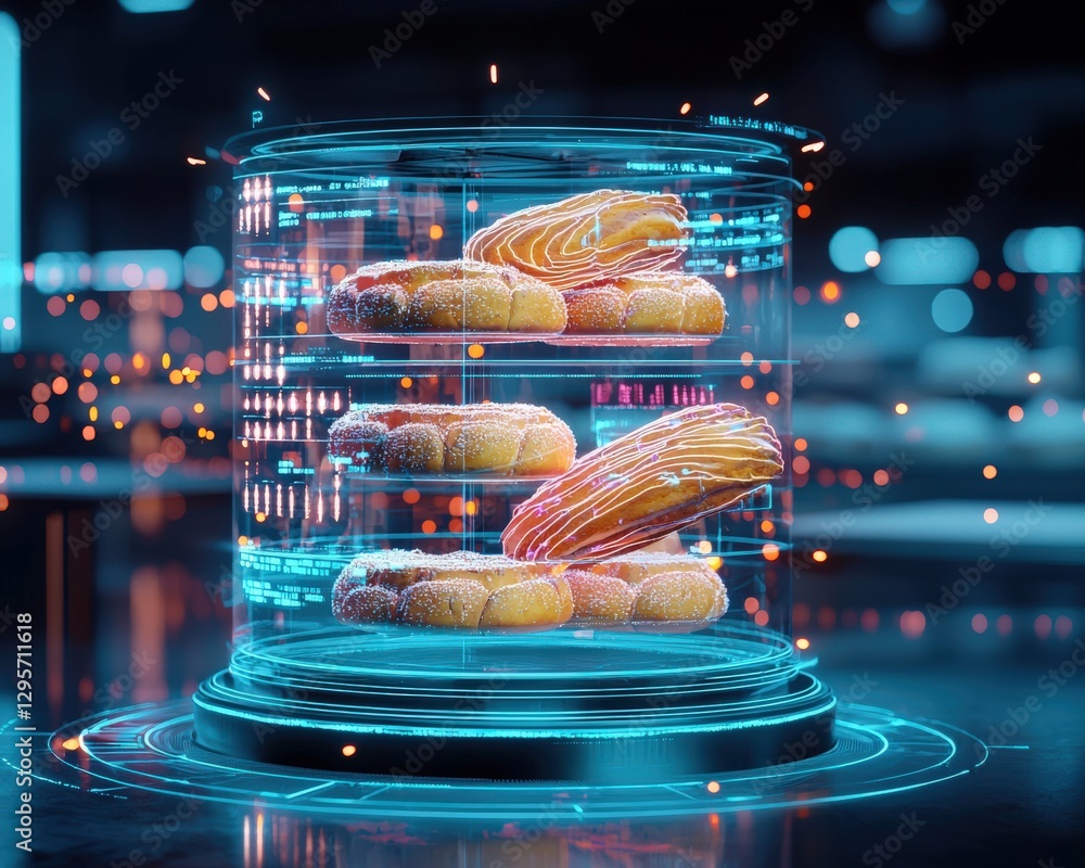 Poster a visually stunning futuristic display showcasing a selection of digital donuts illuminated in vibra