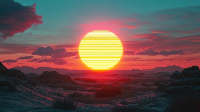 80s style striped sun setting over a synthwave landscape, sunset, sunrise, 80s, retro, vintage, arcade game, synthwave, neon