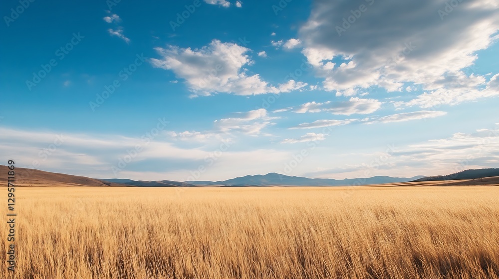 Poster vast golden field under blue skies with fluffy clouds creating a tranquil rural scene : generative a