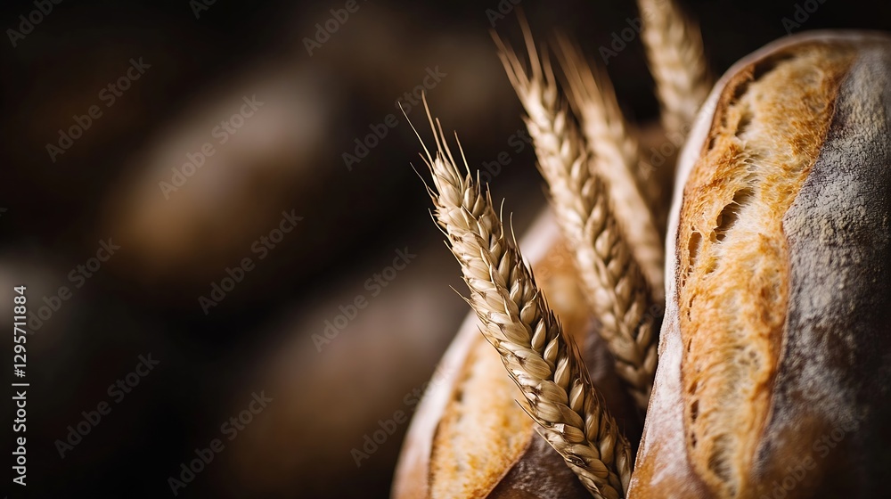 Poster artisan bread with golden crust and decorative wheat grain close up : generative ai