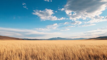 Obraz premium Vast golden field under blue skies with fluffy clouds creating a tranquil rural scene : Generative AI