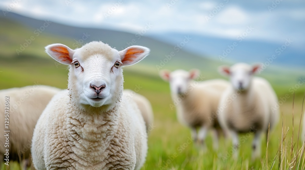 Poster cute sheep grazing in a lush green field under a clear sky with rolling hills in the background : ge
