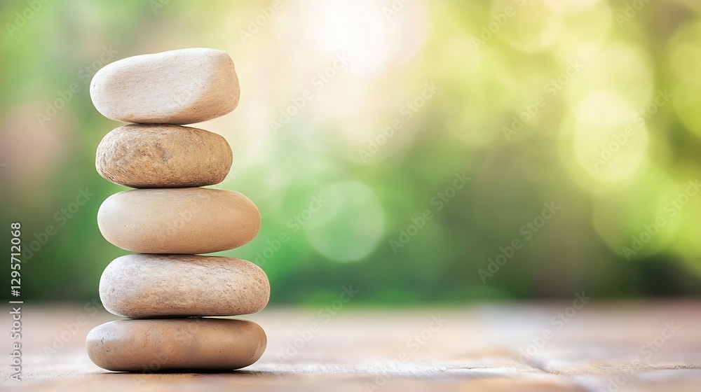 Poster stacked smooth pebbles in nature representing balance and harmony against a blurred green background