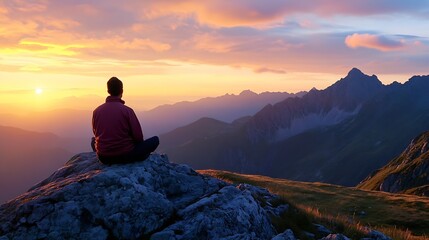 Fototapeta premium Serene sunset view with man meditating on rock overlooking majestic mountains and valleys : Generative AI