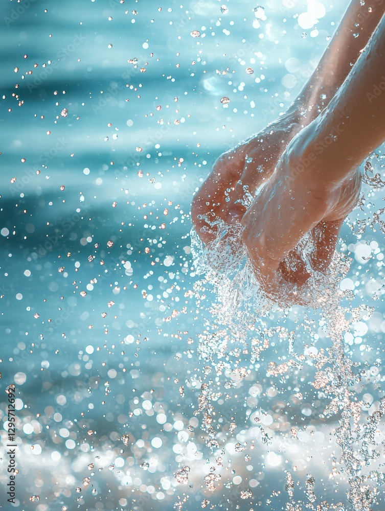 Poster aquatic embrace: capturing the splash as hands interact playfully with water, creating a captivating