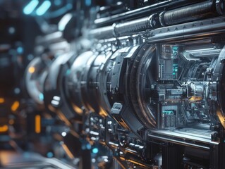 Fototapeta premium Extravagant space corridor with high-tech metallic and gold mechanical details