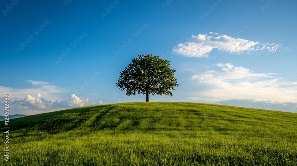 Poster isolated green tree on a hillside against a clear blue sky and soft white clouds : generative ai