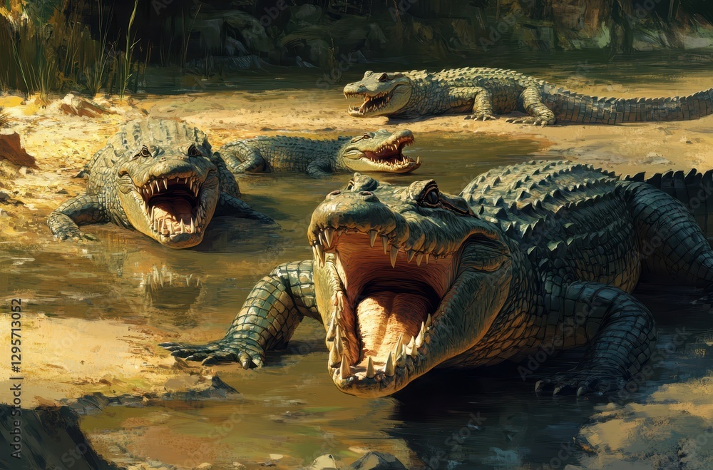 Poster realistic depictions of large crocodiles in a sunlit swamp environment showcasing their fierce appea
