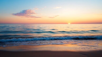 Fototapeta premium Breathtaking sunset over calm ocean waves creating a serene beach atmosphere : Generative AI