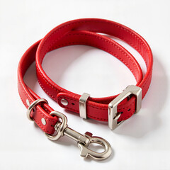 Red dog collar with matching leash neatly coiled on a white surface