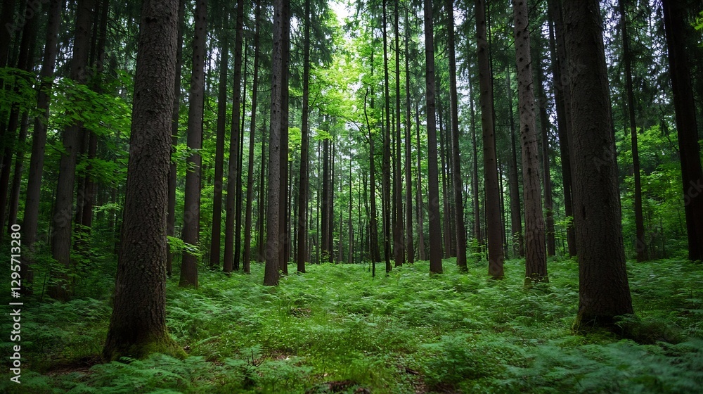 Aufkleber Beautiful serene forest scene with tall trees and lush green ferns creating a tranquil natural environment : Generative AI