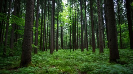 Fototapeta premium Beautiful serene forest scene with tall trees and lush green ferns creating a tranquil natural environment : Generative AI
