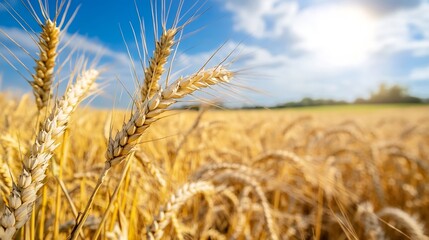 Fototapeta premium Golden Wheat Field Under Bright Blue Sky with Soft Clouds and Sunlight Shining Through : Generative AI
