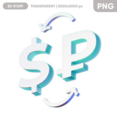 Illustration of the currency exchange between the dollar and the Russian Rouble on the blue background. Composition for economics and finance. 3d render