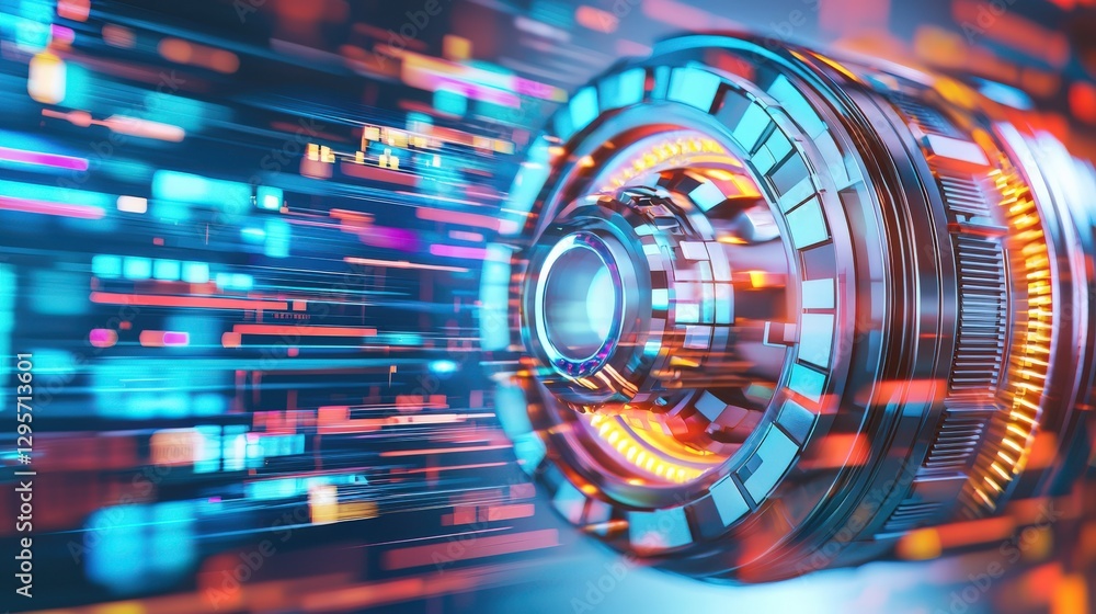 Poster a visually striking image of a futuristic lens surrounded by a dynamic digital background, symbolizi