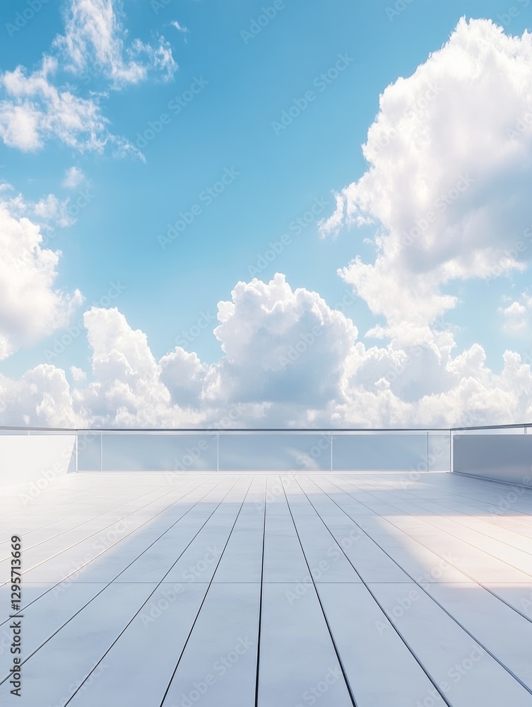 Poster blank open air presentation stage with glowing light between fence and floor and blue sky on backgro