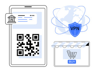 Mobile screen displaying QR code for bank payment, VPN shield ensuring connection security, shopping cart with BUY button. Ideal for e-commerce, digital security, mobile banking, online shopping