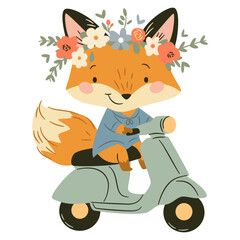 Flat vector illustration in a simple children's style. Cute fox riding on scooter with wreath of flowers, cheerful spring illustration . Vector illustration © Alena