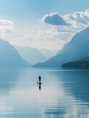 Serene Paddleboarding on a Misty Lake: Silhouette of person paddleboarding on a calm lake surrounded by majestic mountains, creating a tranquil and contemplative scene.