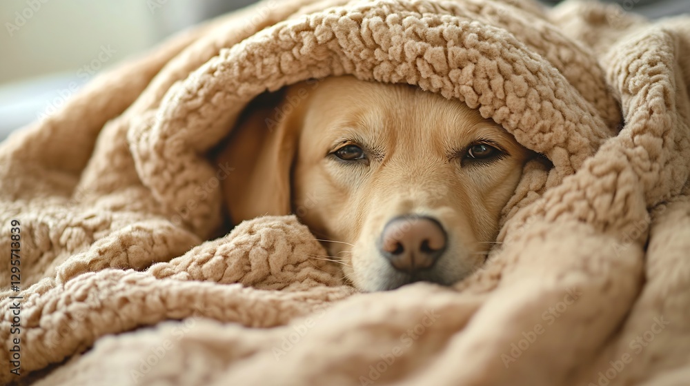 Poster cozy lazy labrador retriever snuggled under fluffy blanket looking peacefully happy : generative ai