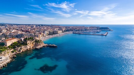 Fototapeta premium Breathtaking aerial view of coastal city showcasing vibrant buildings and serene blue waters under clear skies : Generative AI