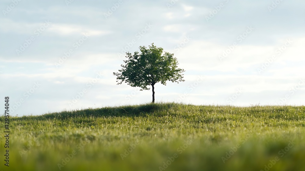 Poster lone tree on hill surrounded by expansive green grass field under bright sky : generative ai