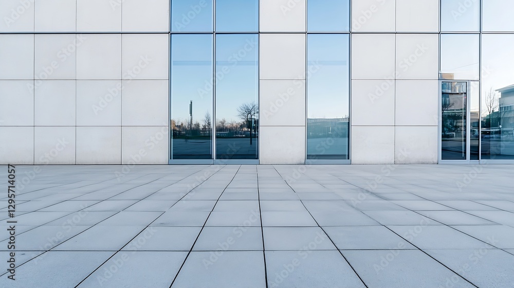 Poster Modern Minimalist Architecture with Reflective Windows and Paved Ground in a City Environment : Generative AI