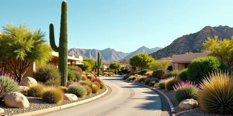 Serene Desert Residential Street with Lush Landscaping and Towering Cacti under a Clear Sky