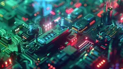 Obraz premium Close-up view of a complex circuit board with glowing lights. Macro photograph of skyscraper and tower with electrical circuit. Technology innovation and engineering concept for design. AIG53.