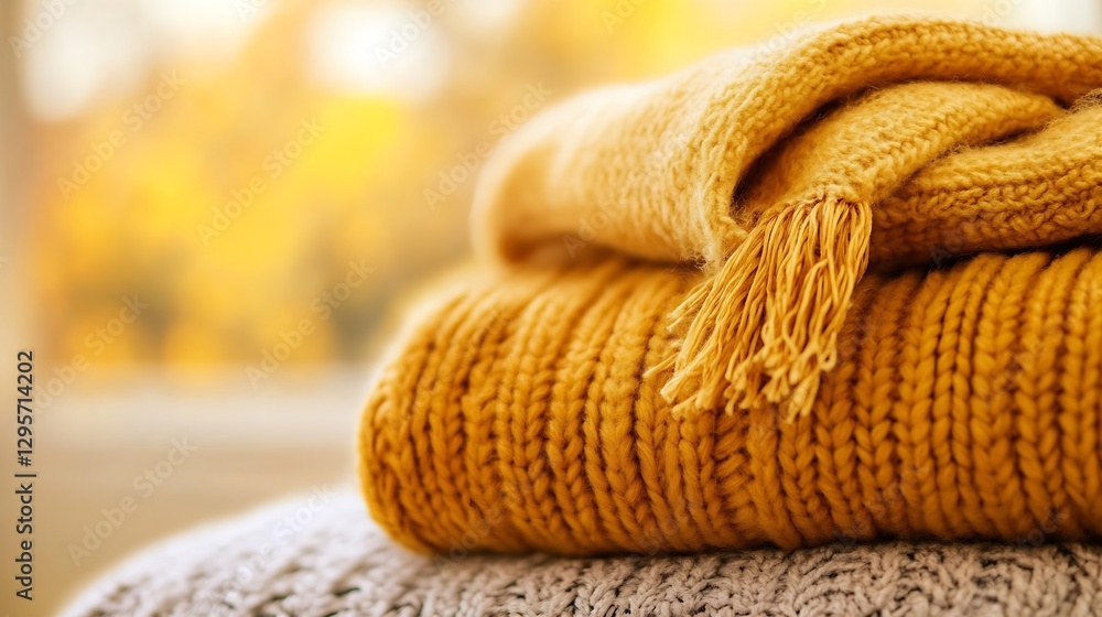 Poster cozy golden knitted blanket stacked with soft textures in a warm indoor setting : generative ai