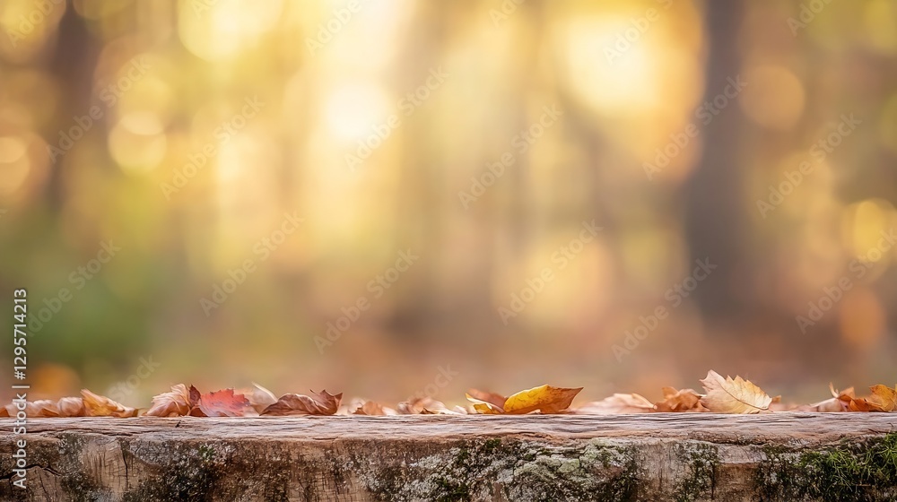 Poster softly blurred autumn leaves scattered on a rustic wooden surface in a serene forest setting : gener