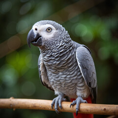 Close-up of an African grey parrot sitting on a wooden perch