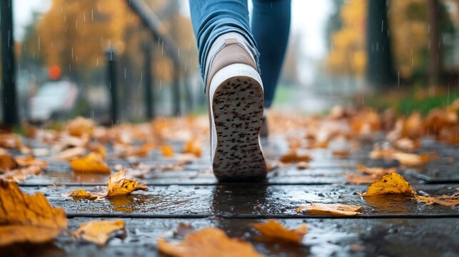 Woman walking through colorful autumn leaves during a rainy day wearing stylish sneakers : Generative AI