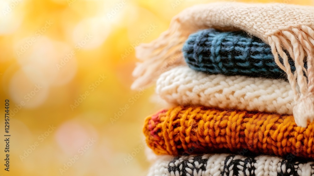 Poster colorful stacked knitted throws with cozy warm background bokeh : generative ai