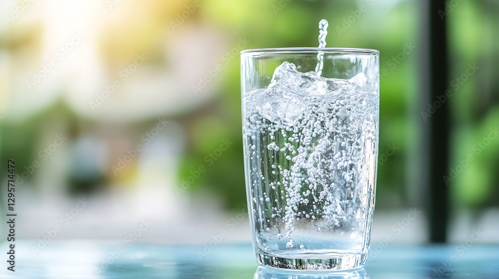 Poster refreshing clear water splashing in a glass against a blurred green background : generative ai