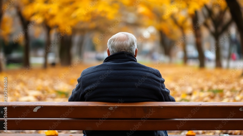Poster an elderly man sits on a bench beneath vibrant autumn trees enjoying the peaceful park atmosphere : 