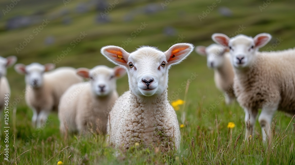 Poster curious sheep staring at the camera in a green pasture : generative ai