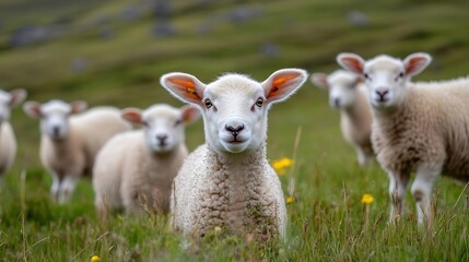 Fototapeta premium Curious Sheep Staring at the Camera in a Green Pasture : Generative AI