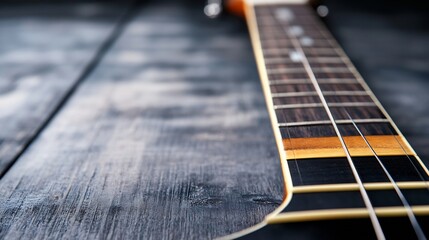 Close Up of an Acoustic Guitar Neck on Dark Wooden Surface Promoting Music and Artistry : Generative AI