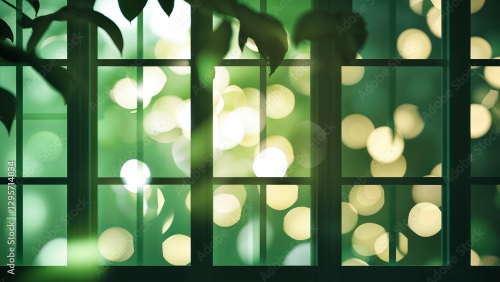 Poster beautiful green window view with soft bokeh lights creating a serene atmosphere in a cozy indoor set