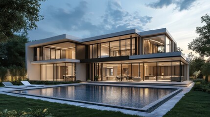 Fototapeta premium Beautiful luxury modern design architecture images of home with pool. Generative AI.