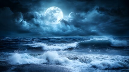 Fototapeta premium Dramatic night seascape under a full moon with turbulent waves and dark stormy clouds