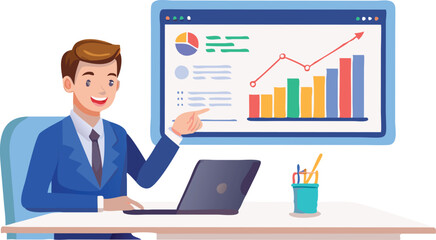Stock Market Trading Analysis Illustration with Young Investor on Transparent Background
