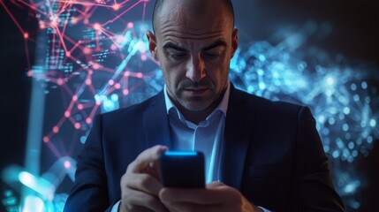 Focused Businessman Analyzing Data with Smartphone in Dark Office