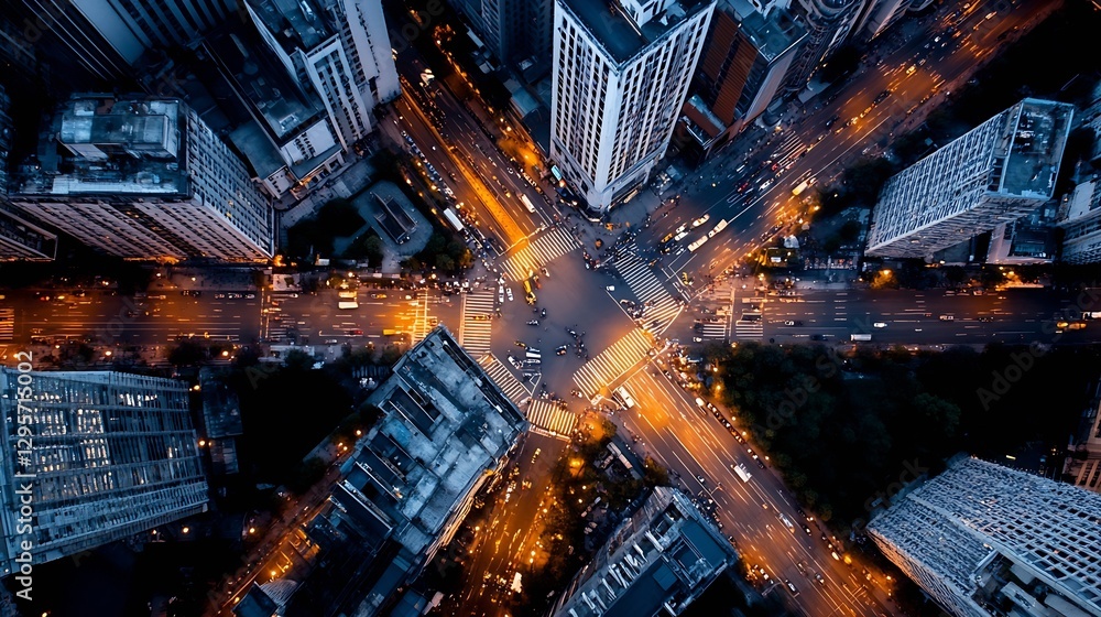 Poster aerial view of a vibrant city intersection displaying illuminated streets skyscrapers and dynamic tr