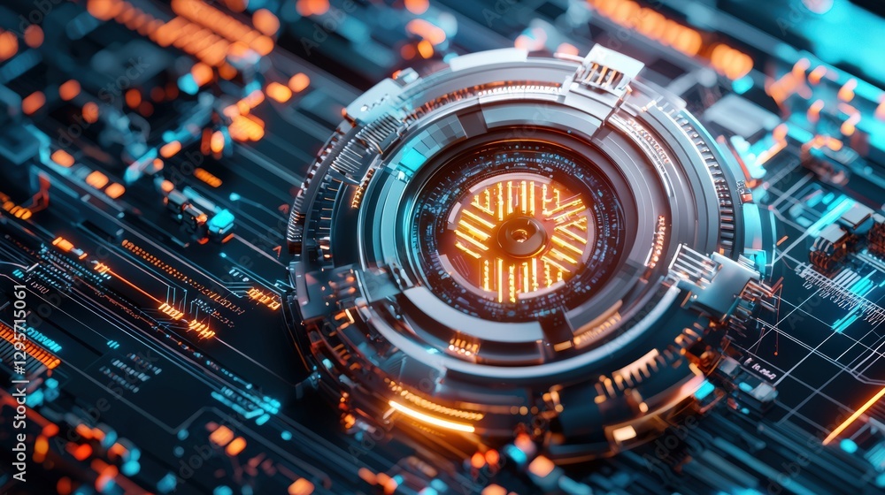 Poster explore a captivating design showcasing futuristic technology with glowing circuits and intricate pa